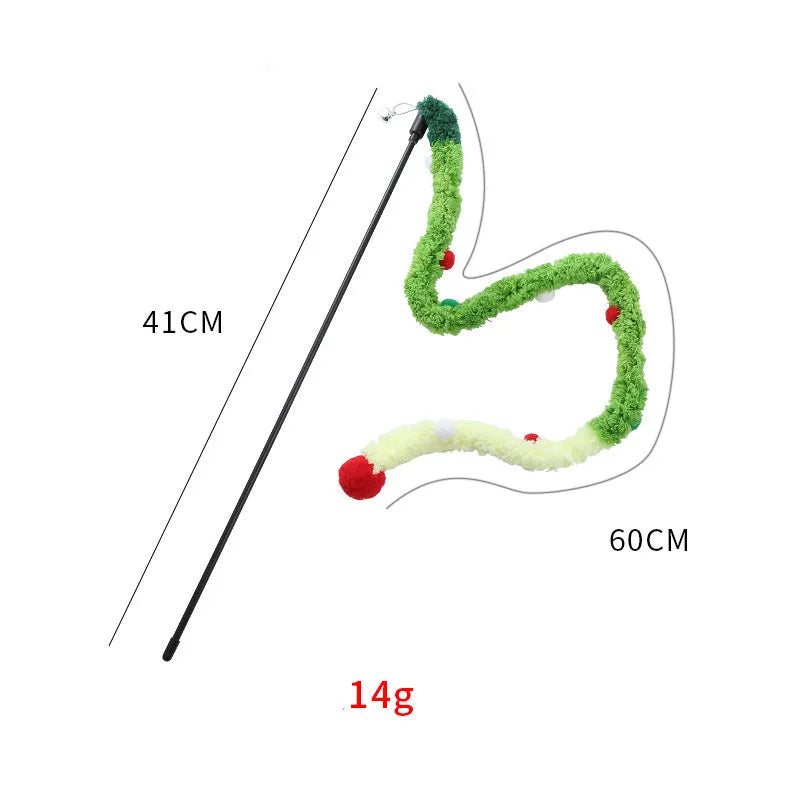 Cat wand toy with colourful plush strip and bell attachment on 41cm pole