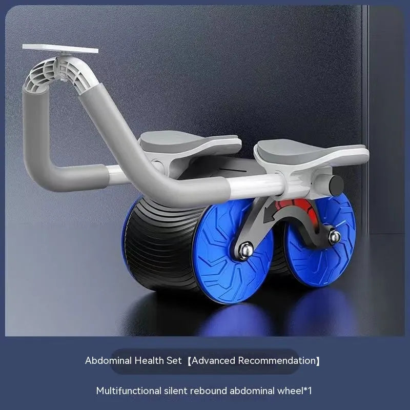 Black and blue automatic rebound abdominal exercise wheel on a matching grey blue locking edge yoga mat.