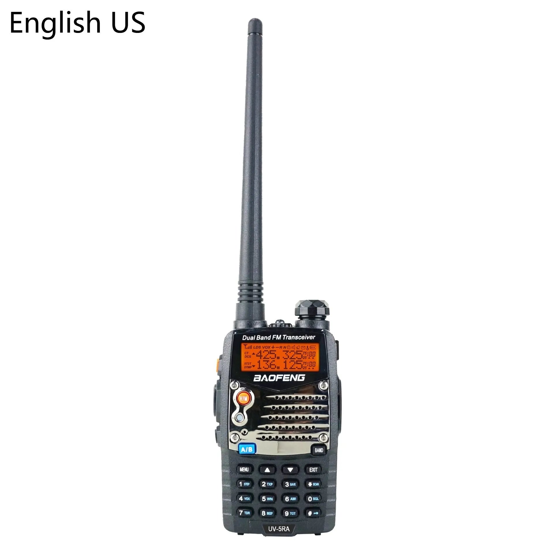 Baofeng UV-5RA dual-band walkie-talkie with dual display showing channel information