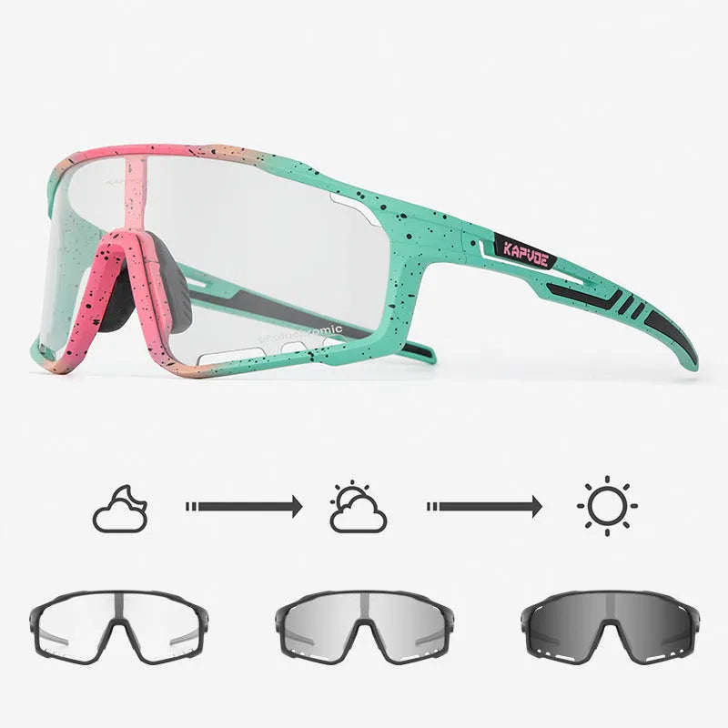 Semi-rimless photochromic cycling glasses with a TR90 frame, shown in a sport setting.