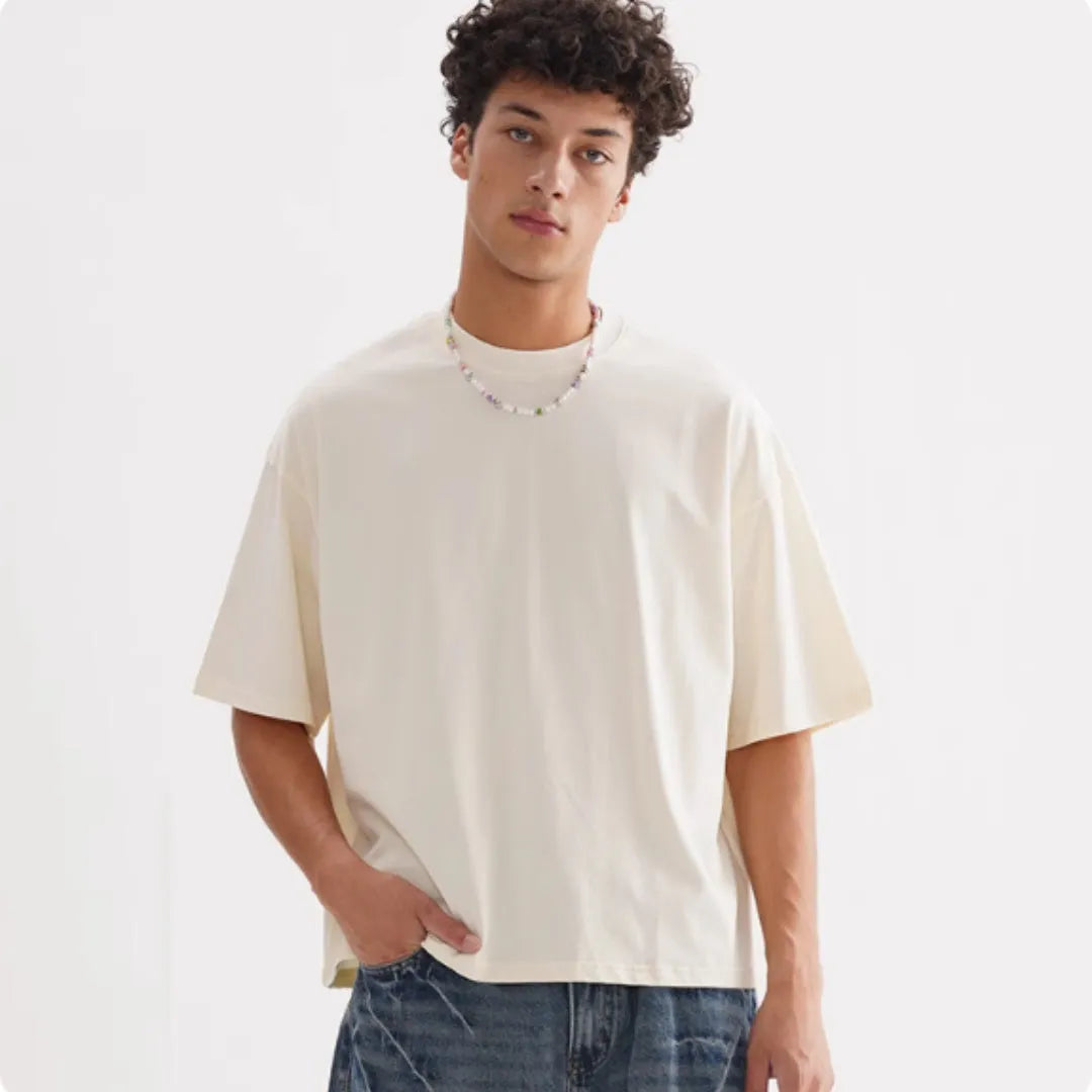 Men's loose fit pure cotton T-shirt in apricot colour, short sleeves, American style.