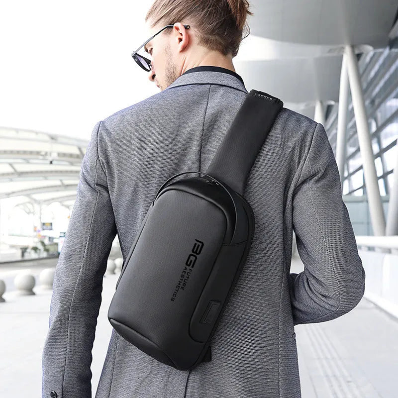 Men's blue oxford cloth USB shoulder bag with letter pattern for business travel
