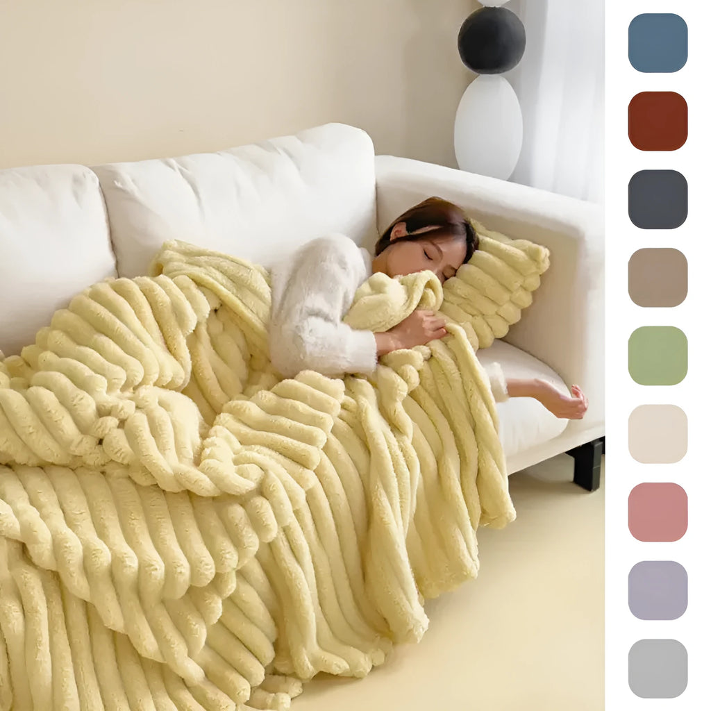 Solid colour double-sided thickened bubble velvet faux rabbit fur blanket shown in blue.