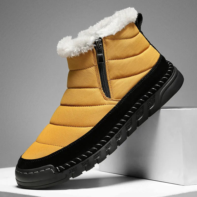Men's plus size snow boot in blue with round toe and flat heel on a non-slip rubber sole.