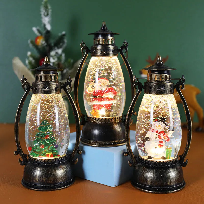 Portable crystal ball oil lamp Christmas ornament showing light-emitting snowman or elderly figure design on a desk.