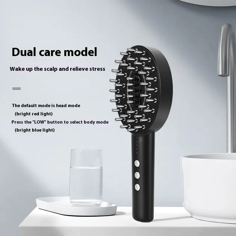 Black handheld scalp massage device with vibration function on a white background