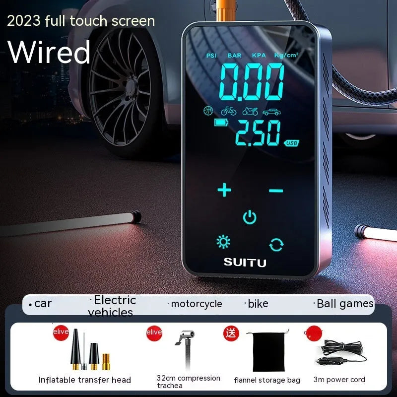 ST-9616C compact black wireless car tyre inflator with LCD screen, hose, and nozzle set on a cloth bag