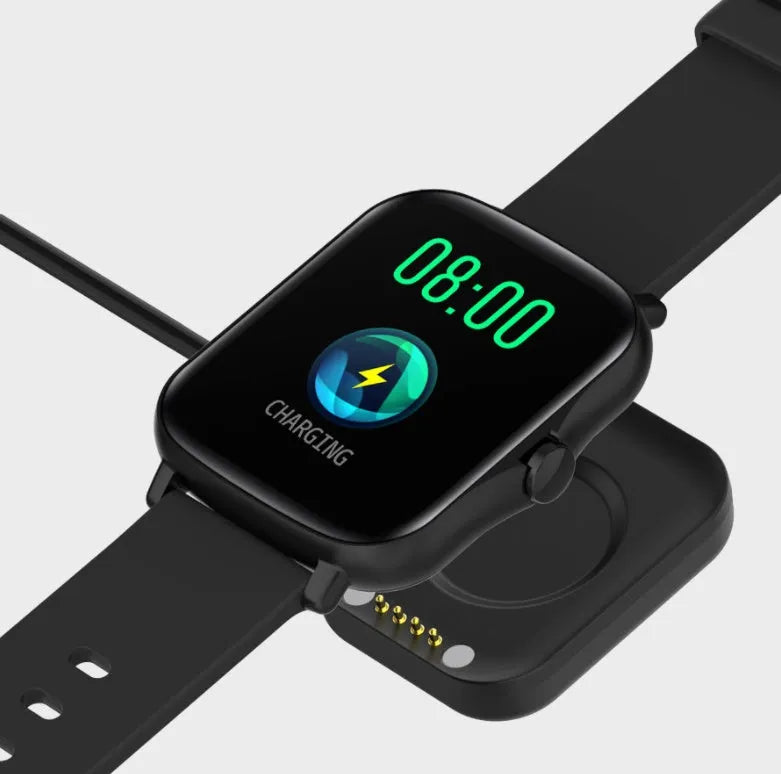 Blue smart watch with 1.7-inch colour touch screen on a wrist, showing fitness data.