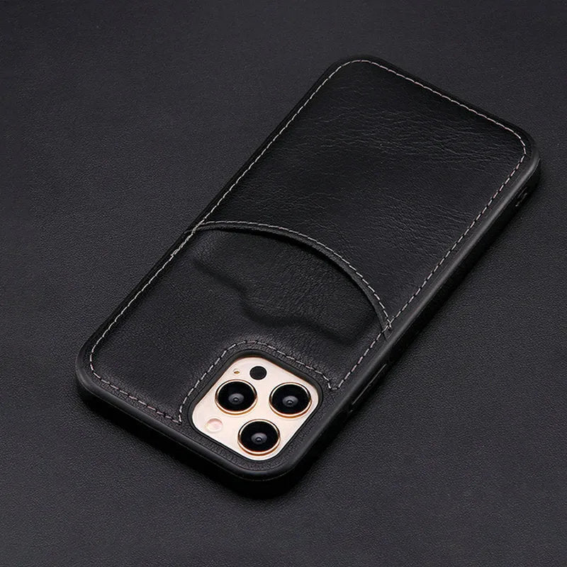 Dark blue PU leather protective case for iPhone, shown from the back with a business-style texture.