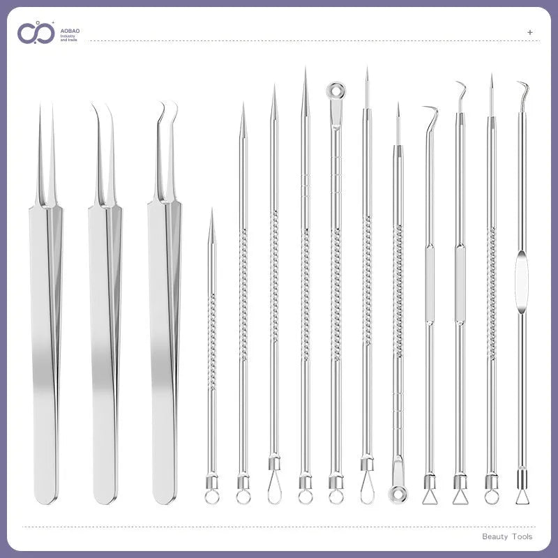 Four metal acne needles with pointed tips arranged on a clean surface.
