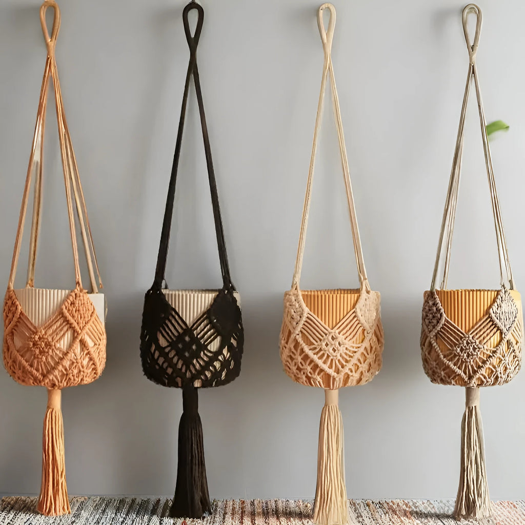 Minimalist hand-woven flower pot in polyester cotton fabric with net pocket design in brown colour