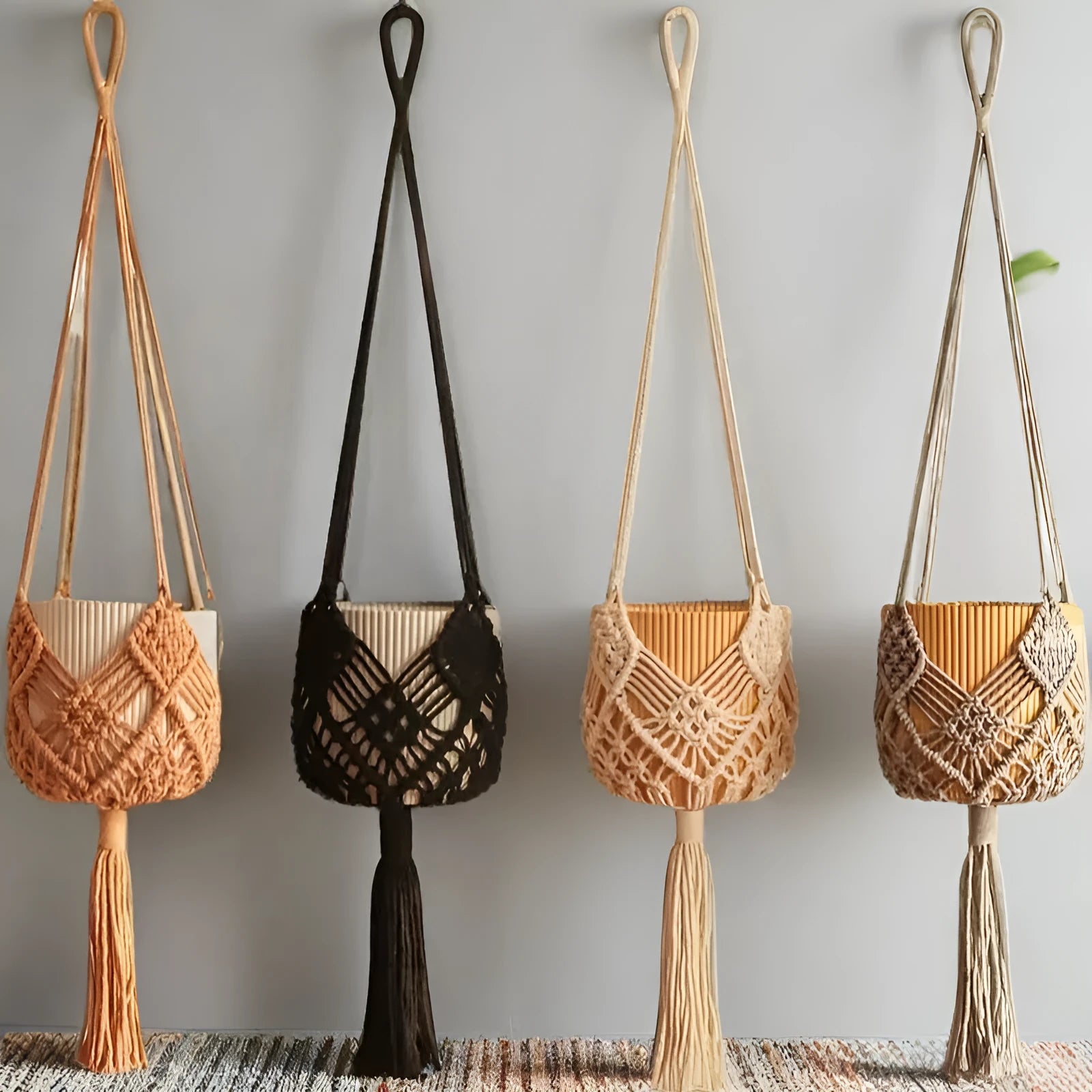 Minimalist hand-woven flower pot in polyester cotton fabric with net pocket design in brown colour