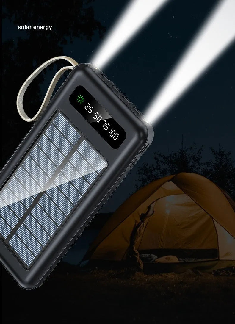Solar power bank in black or white with charging cable, showing front panel and side dimensions
