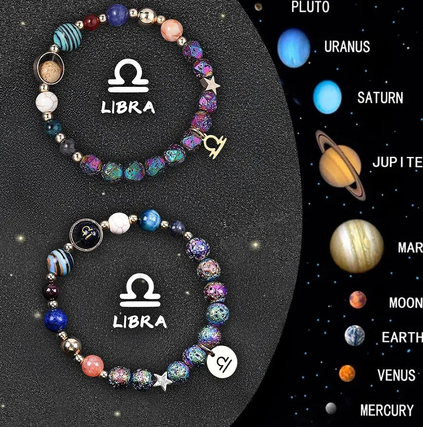 Two natural stone beaded bracelets with zodiac sign charms on a white background