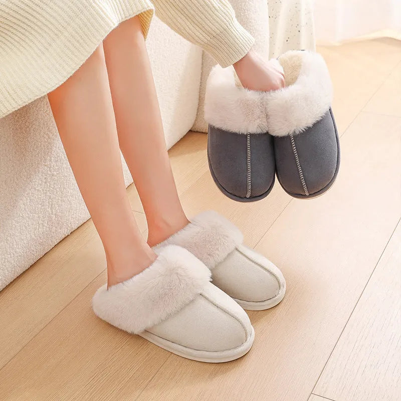 Women's brown plush indoor slippers with round toe design and non-slip PVC soles