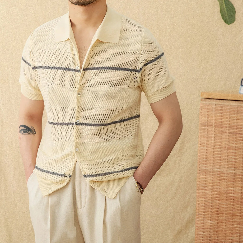 Camel coloured lapel collar short sleeve cotton linen blended cardigan on hanger