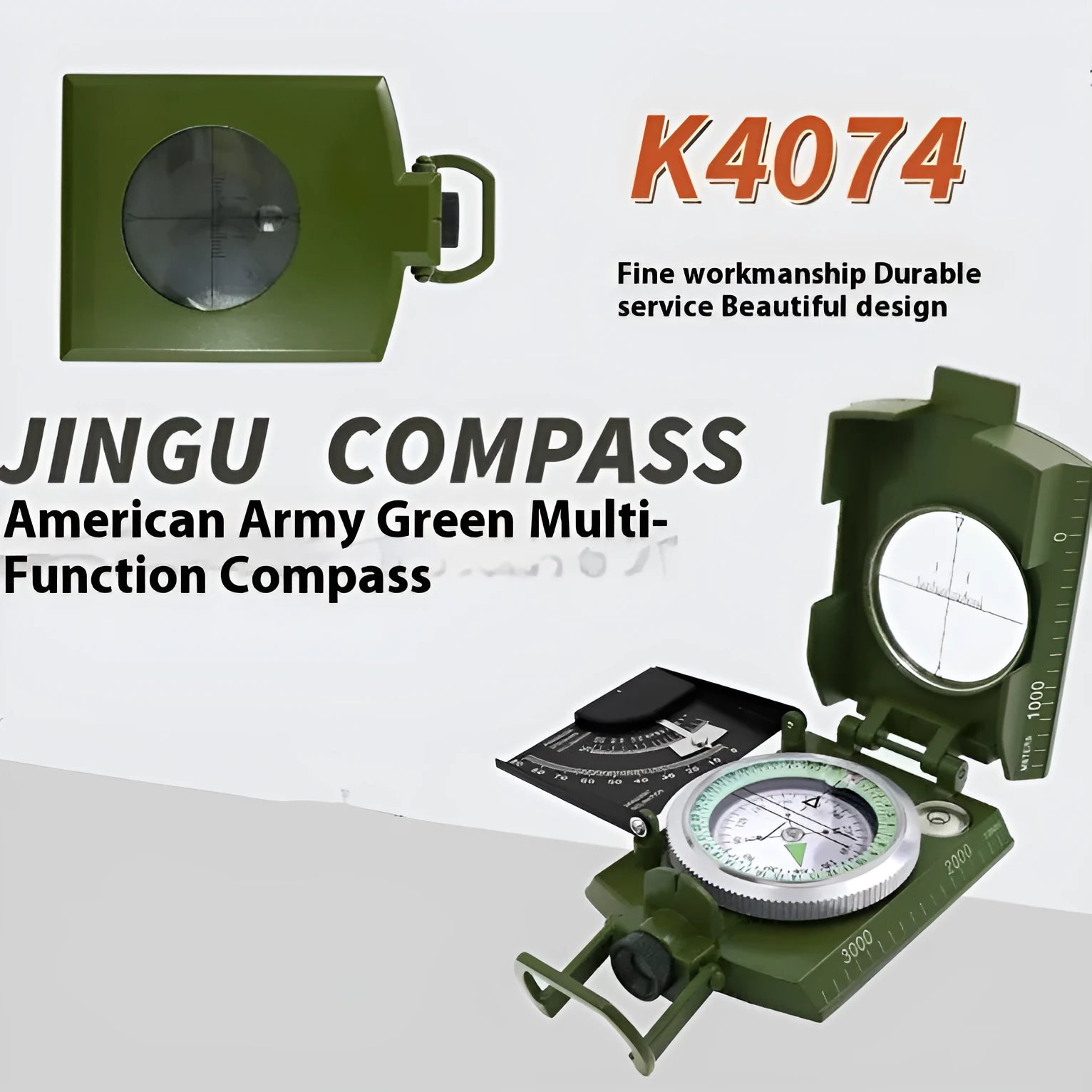 K4074 metal professional outdoor compass with hanging rope and ring, showing scale.