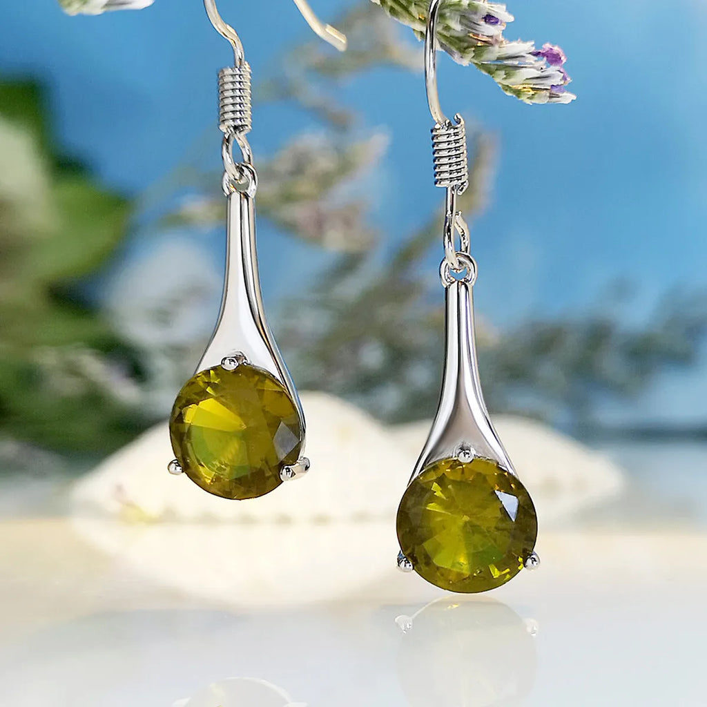 Olive green topaz earrings with water drop shape and electroplated alloy construction
