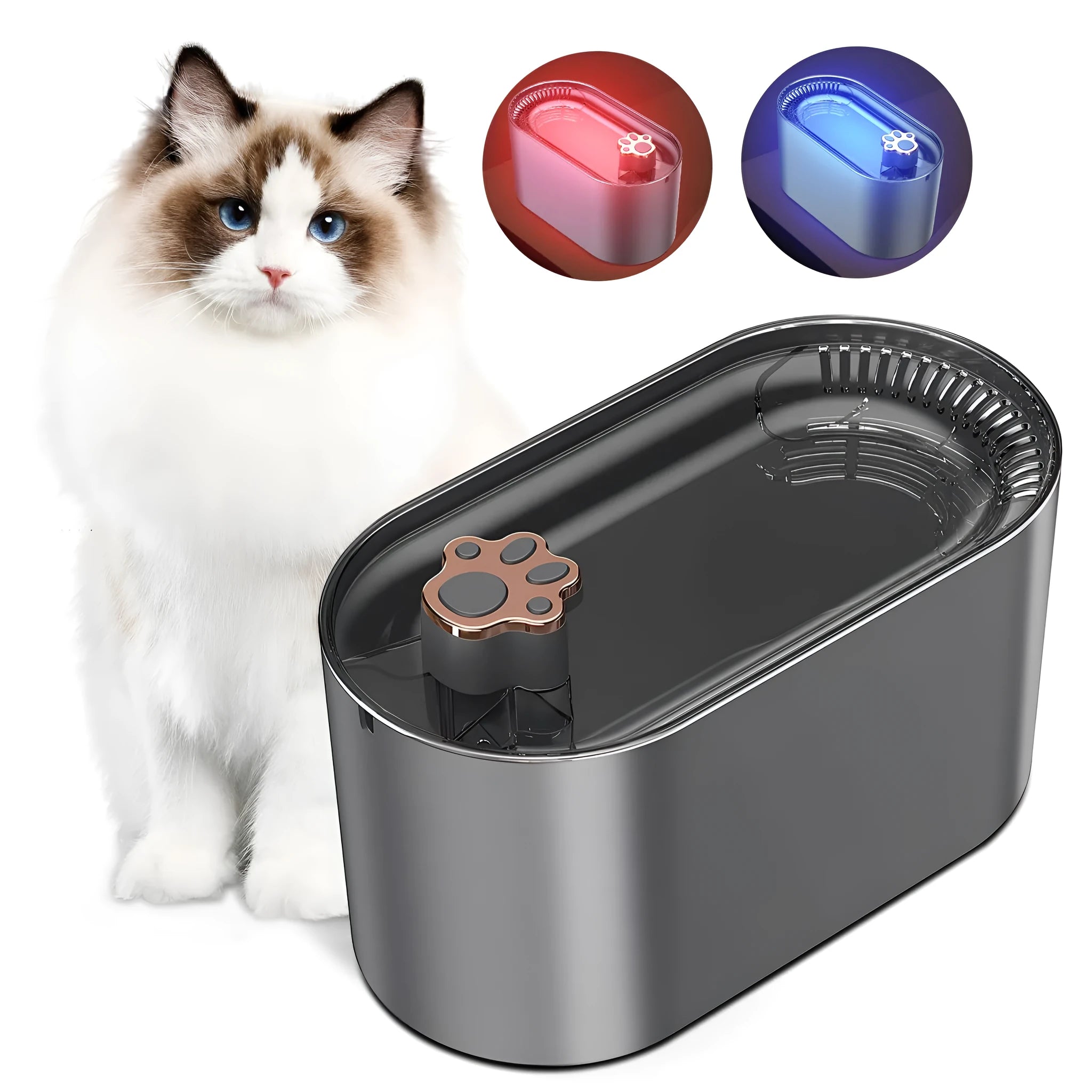 Berlin blue automatic pet water fountain with 3L capacity, filter cartridge, and LED indicator light