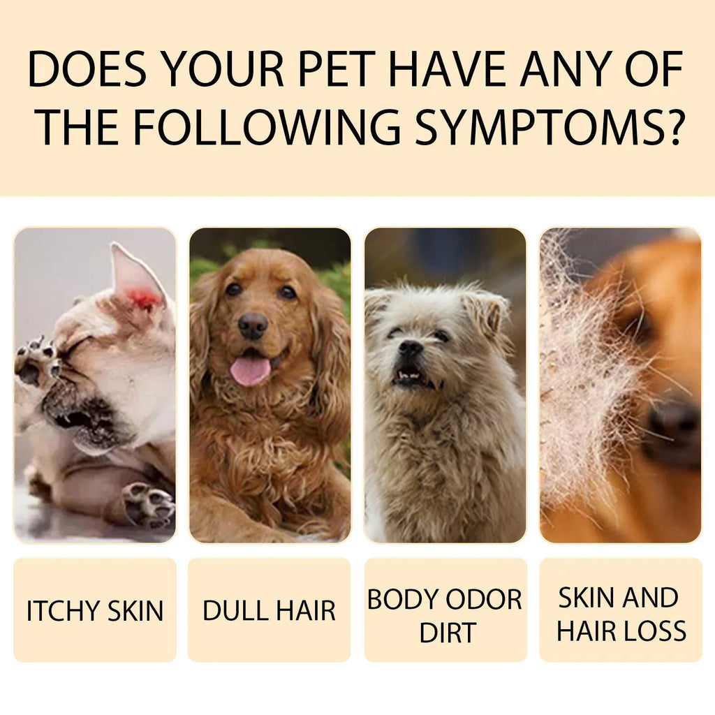 Bottle of mild pet shampoo for cats and dogs, shown in 100ml and 300ml sizes.