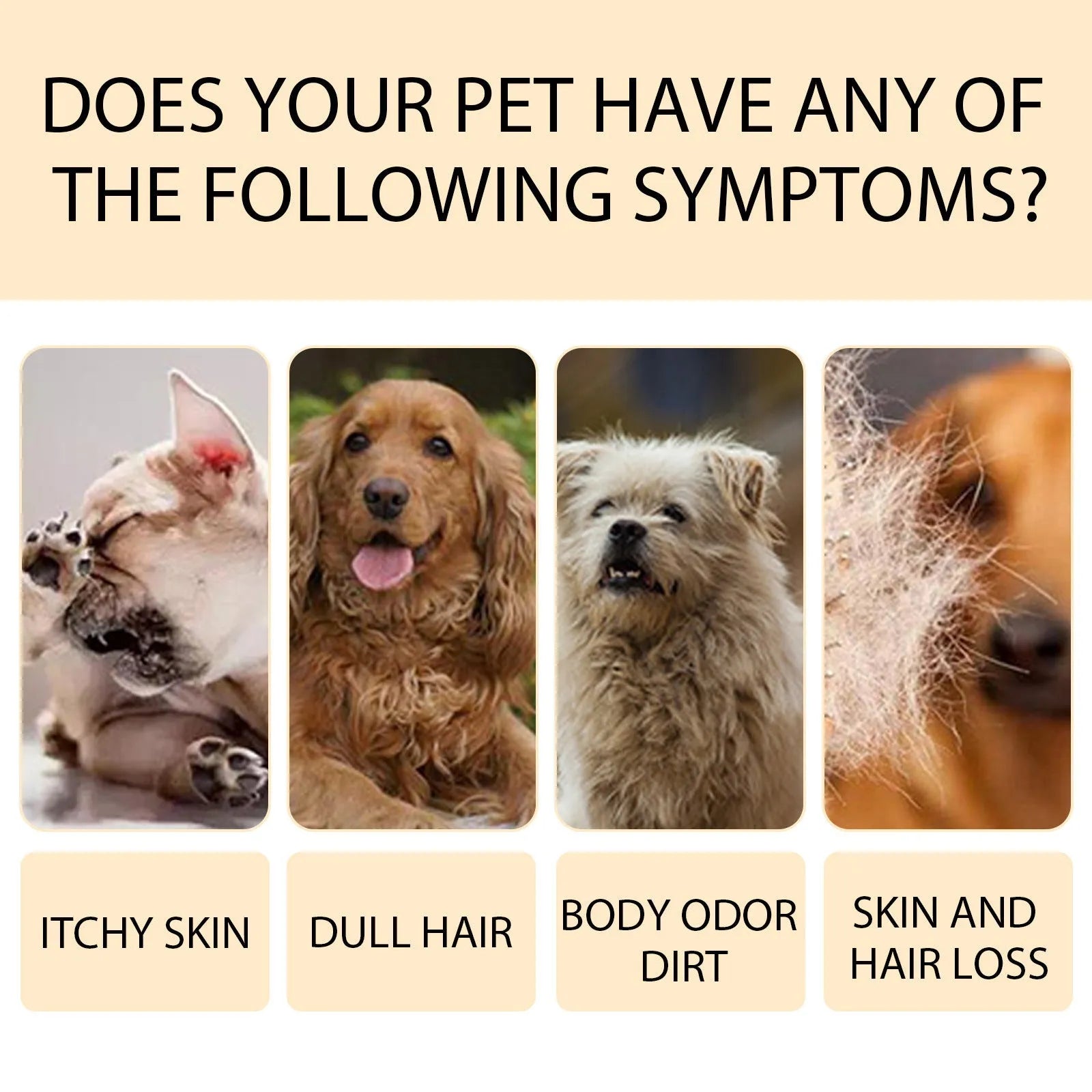 Bottle of mild pet shampoo for cats and dogs, shown in 100ml and 300ml sizes.