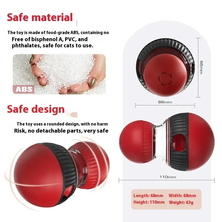Plastic rotating cat feeder ball toy with a super ball component on a white background.