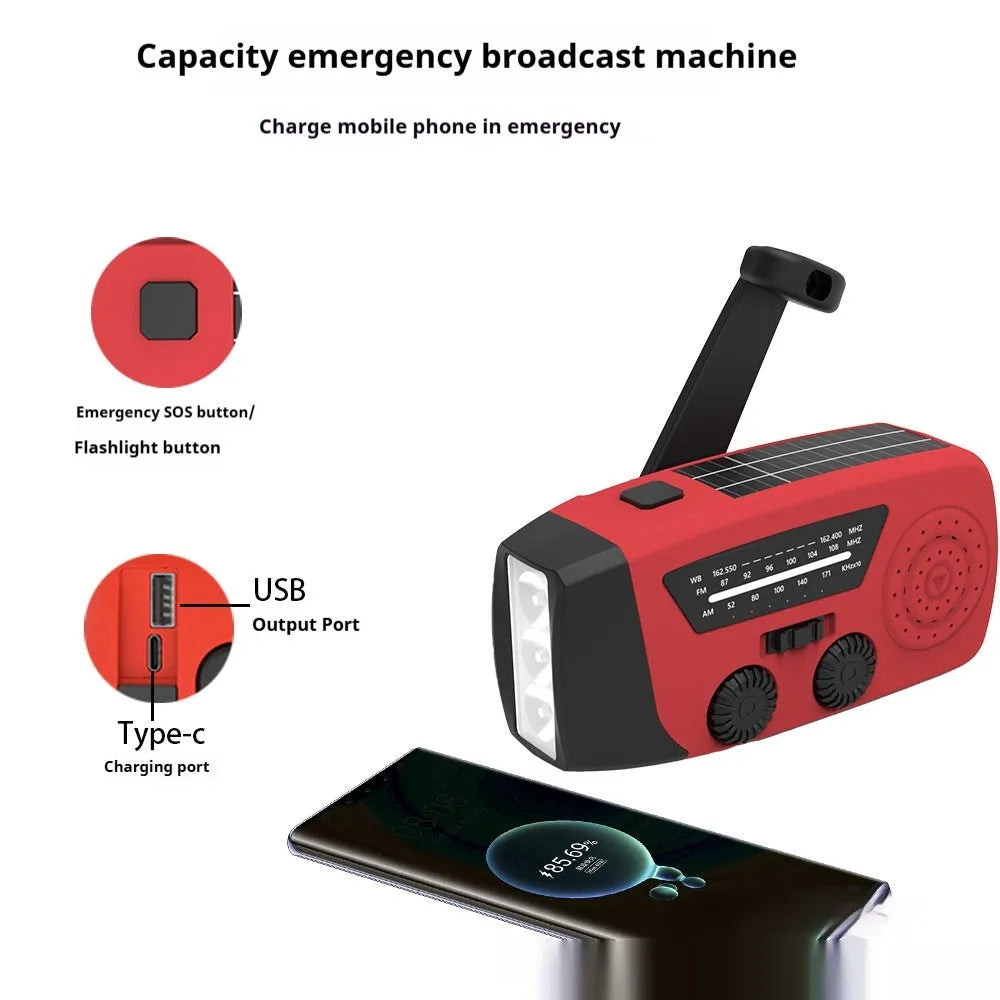 Red rechargeable hand radio torch with wrist strap and USB charging interface