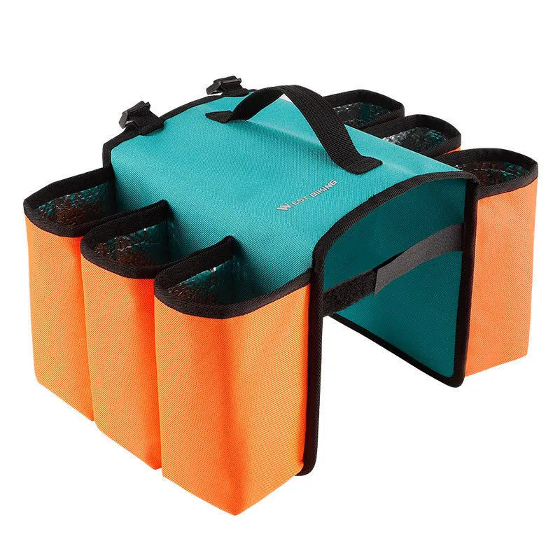 Black bicycle double-sided drink shelf bag mounted on bike frame with 2L capacity