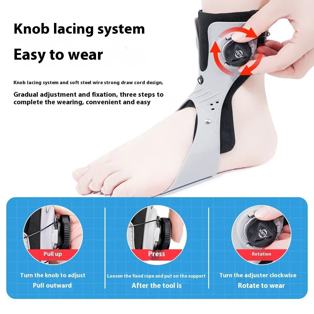 Grey and black ankle support brace with airbag button technology for adjustable compression