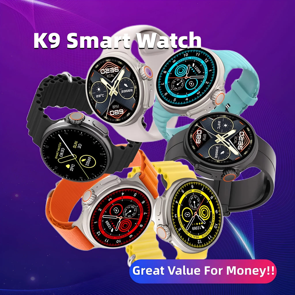 K9 smart watch with black silicone strap and round screen showing health metrics interface