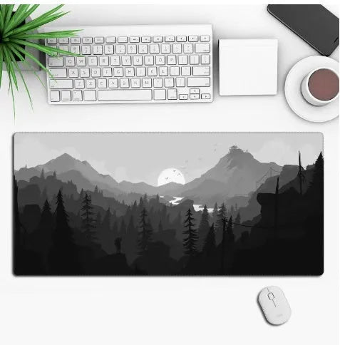 Anime-themed gaming mouse pad on a desk, showing non-slip rubber base and printed cloth surface.