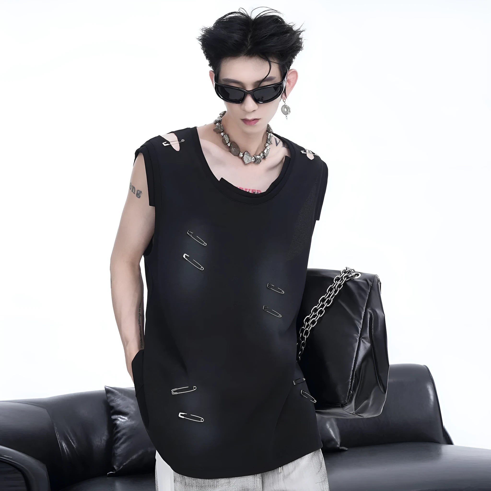 Men's black sleeveless vest t-shirt with ripped irregular cutting piece design and round neck collar