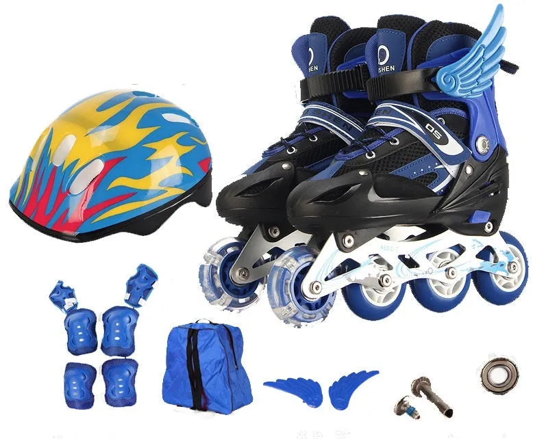Child's adjustable roller skates in yellow with PU foam wheels, aluminium frame, and full set of protective gear including helmet.