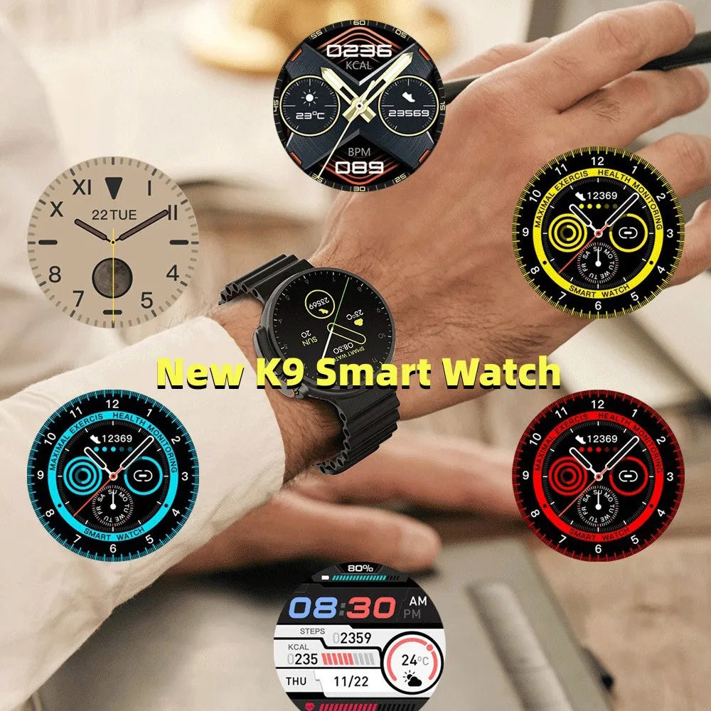 K9 smart watch with black silicone strap and round screen showing health metrics interface