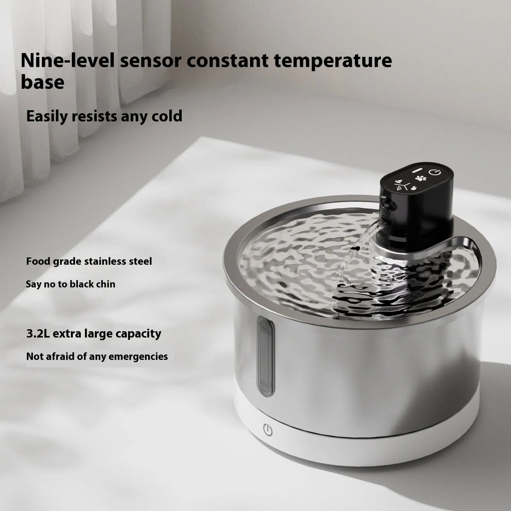 White pet water fountain with stainless steel bowl and digital temperature control display