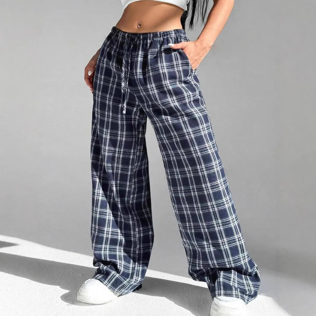 Women's red casual trousers with drawstring waist and plaid pockets in loose fit