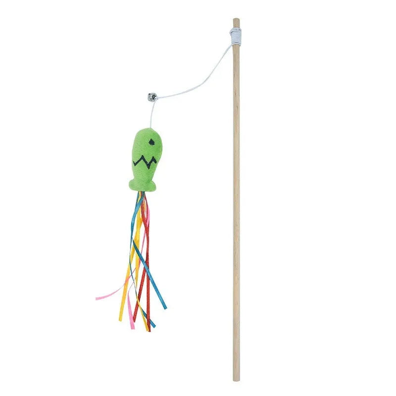 Colourful cat wand toy with ribbons, catnip fish, and bell on a wooden handle.