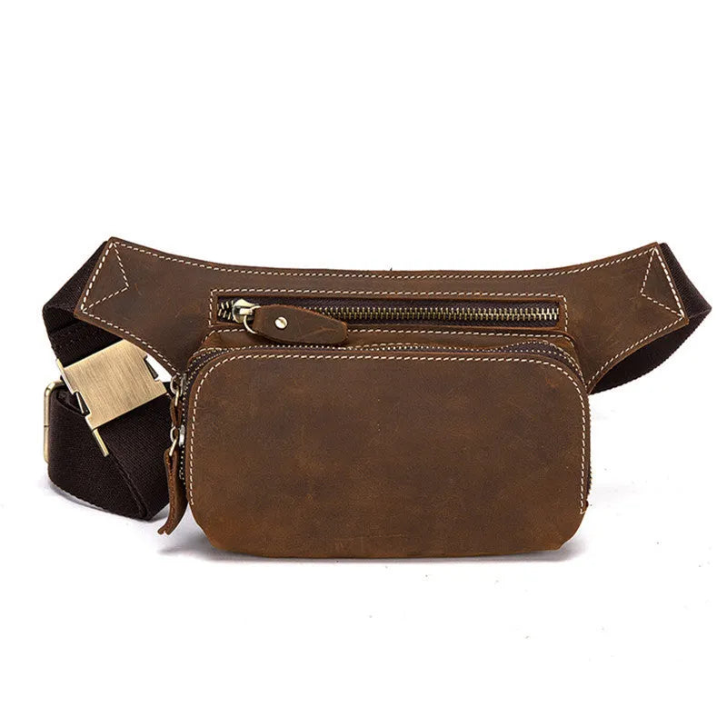 Brown top layer cowhide leather men's sports waist bag showing pull closure