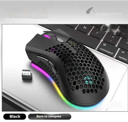 Wireless gaming mouse with hollow-out shell showing RGB lighting through openings