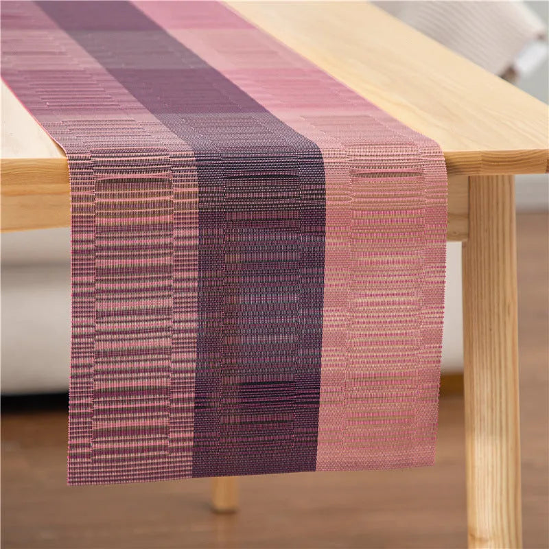 PVC non-slip dish mat in gradient bamboo design protecting kitchen worktop with dishes