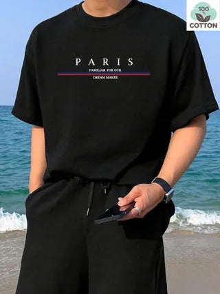 Men's heavy pure cotton short-sleeved T-shirt with a printed design in a loose casual fit