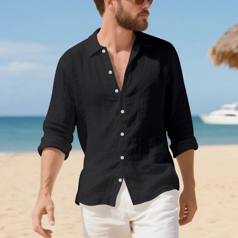 Linen American-style casual shirt in loose fit with non-ironing process