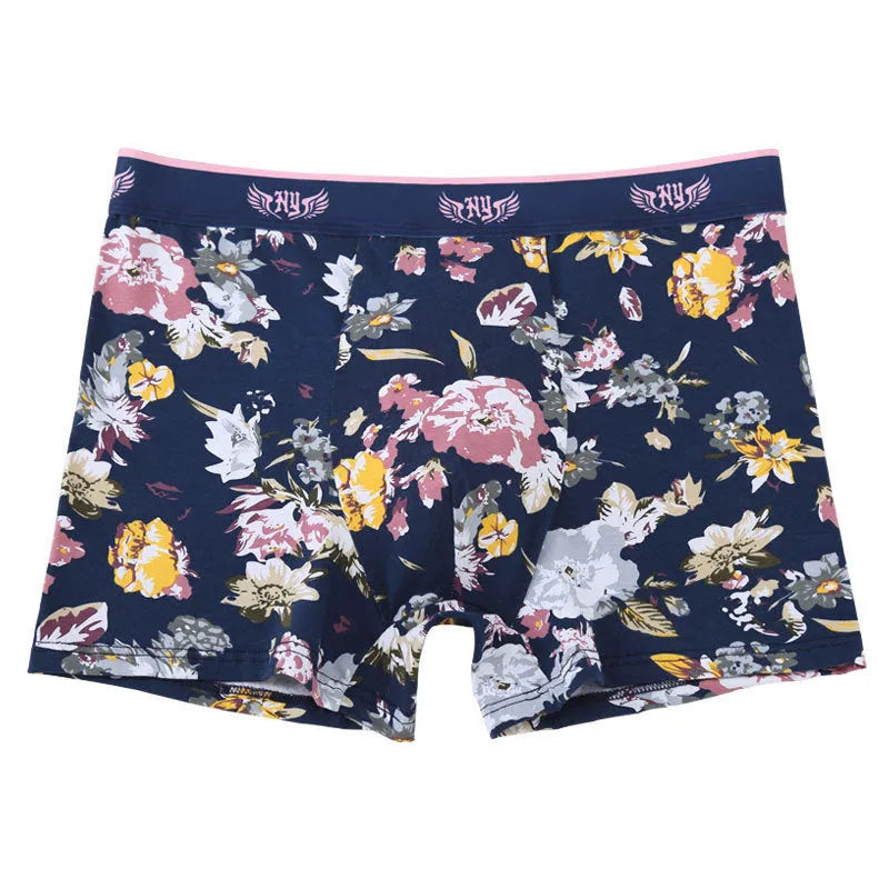 Men's cotton boxer underwear with U-shaped design in floral pattern colours
