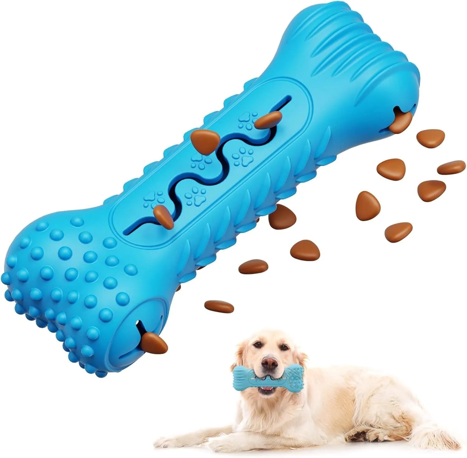Blue bone-shaped dog chew toy made from natural rubber with textured surface for teeth cleaning