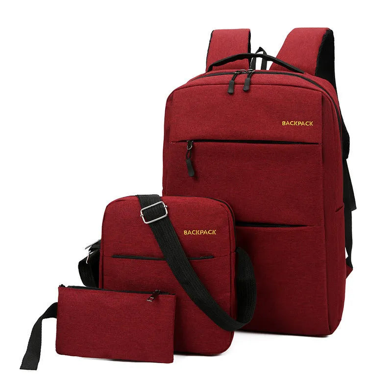 Men's USB charging computer bag three-piece set in black nylon with multiple compartments and air pillow belt