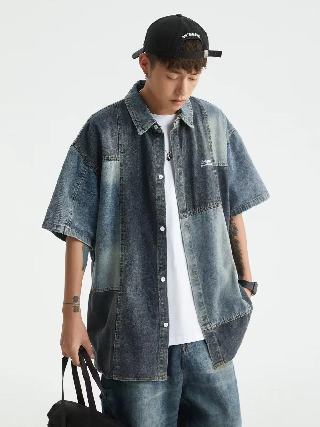Blue men's denim shirt with Japanese-style retro washed stitching in loose cardigan fit