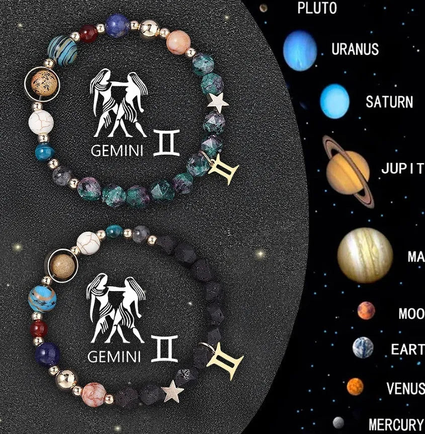Set of two adjustable natural stone bracelets with zodiac sign charms on beige background