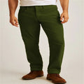 Men's corduroy straight leg trousers in army green showing mid waist and zip fly detail
