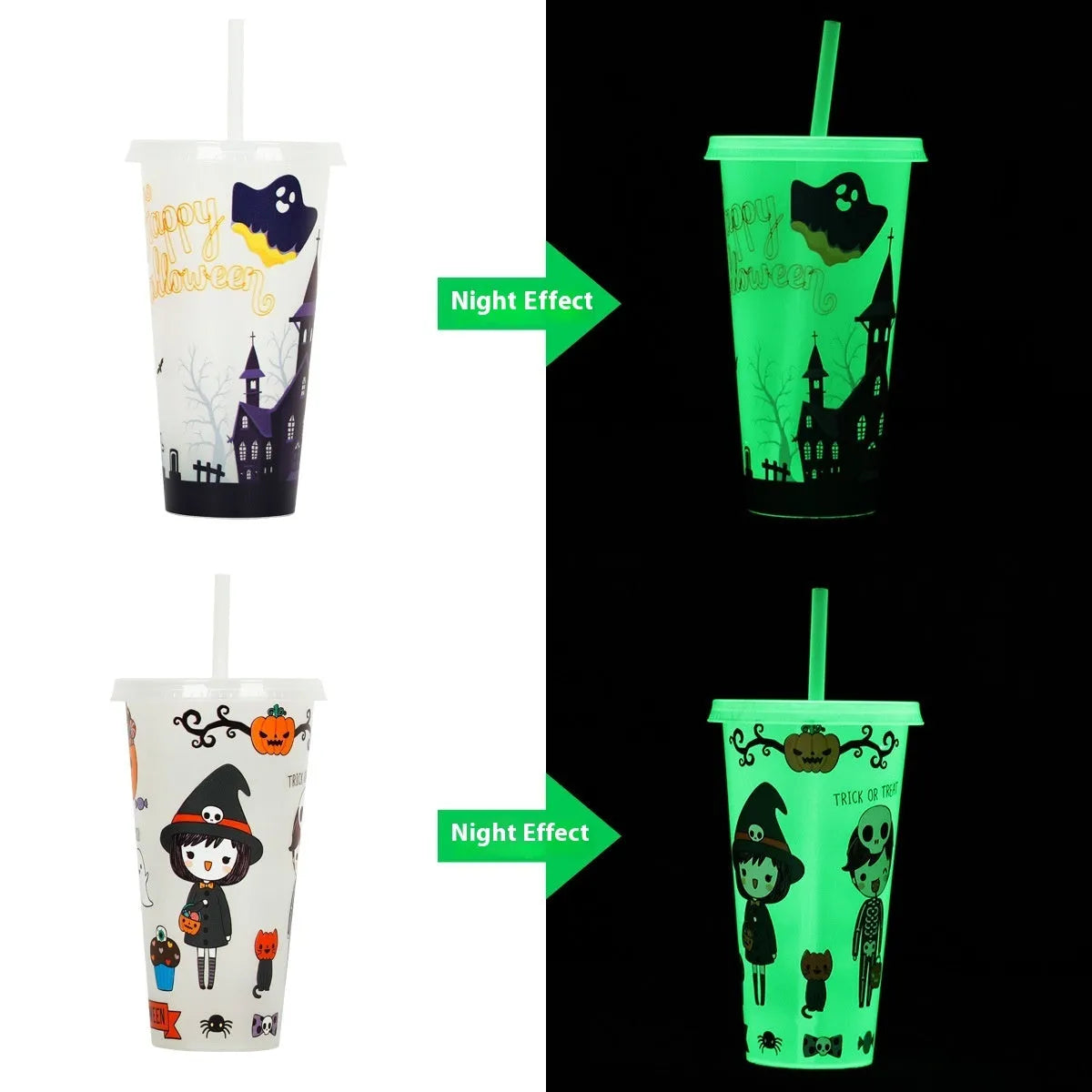 720ml Halloween plastic sippy cup with luminous straw in cylindrical design