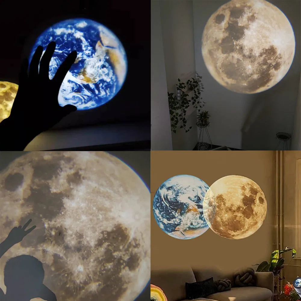 Earth and moon projection night light with flexible hose bracket on a bedside table.